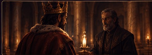 El rey conversa con su consejero a la luz de las velas en el palacio.