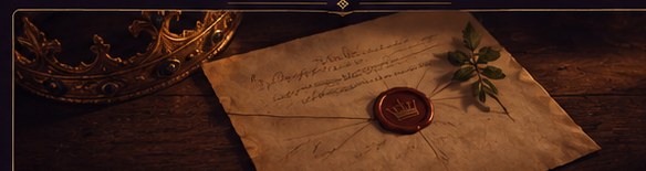 Una carta sellada sobre una mesa antigua junto a una corona y una vela.